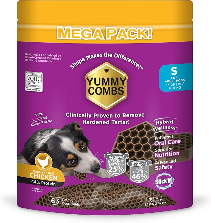 Yummy Combs Dog Dental Treats – Vet VOHC Approved – Delicious Chicken Protein – Removes Tartar with Cleaning Comb Shape – Dental Dog Treats for Small Dogs (36oz, 63 Count)