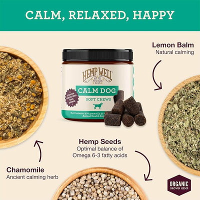 Organically Sourced Hemp Well Calm Dog Soft Chews - Anxiety Relief Treats for Dogs, Helps with Separation Anxiety and Travel, Melatonin and Hemp Dog Calming Chews (1 Pack (30 Chews))