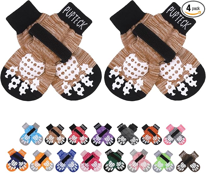 PUPTECK Anti-Slip Dog Socks with Double Sides Grips for Small Medium Large Dogs Hardwood Floors Prevents Licking, Dog Shoes for Hot Pavement Traction Control Paw Protector for Senior Dogs, Khaki XXS