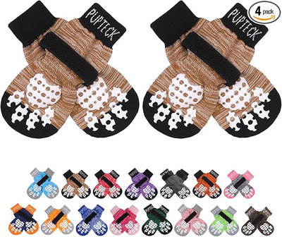 PUPTECK Anti-Slip Dog Socks with Double Sides Grips for Small Medium Large Dogs Hardwood Floors Prevents Licking, Dog Shoes for Hot Pavement Traction Control Paw Protector for Senior Dogs, Khaki M