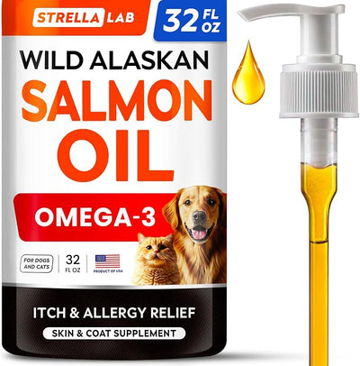 STRELLALAB Wild Alaskan Salmon Oil for Dogs - Natural Omega 3 for Dogs & Cats, Itch & Allergy Relief, Skin & Coat Support - Fish Oil Liquid, EPA+DHA Fatty Acids for Hip&Joint, Immune Health 32 OZ