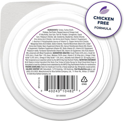 Blue Buffalo Basics Grain-Free Wet Dog Food for Small Breed Adult Dogs, Limited Ingredient Diet, Turkey Recipe, 3.5-oz Cups, 12 Count