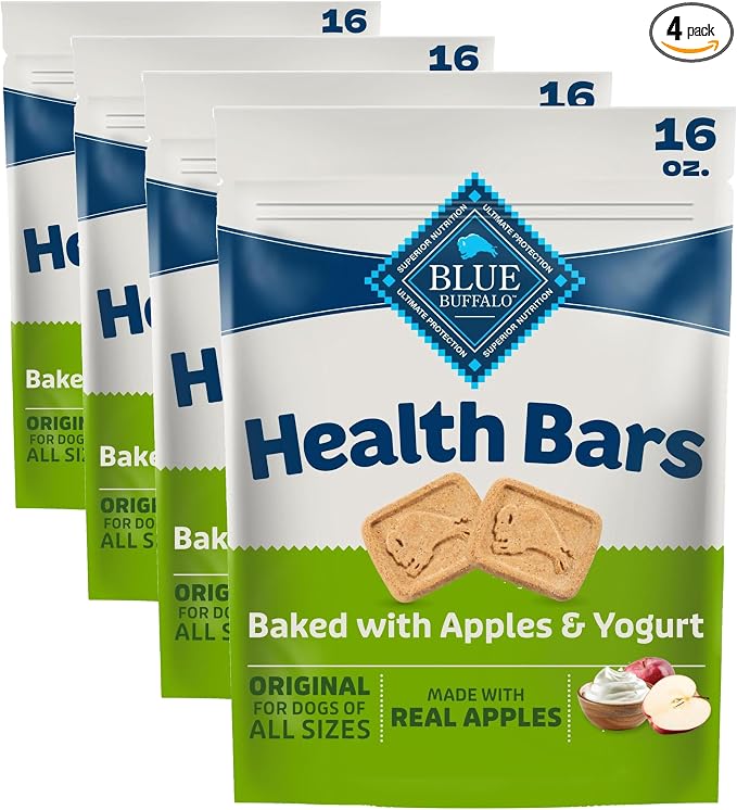 Blue Buffalo Health Bars Crunchy Dog Biscuits, Oven-Baked with Natural Ingredients, Apples & Yogurt, 16-oz Bag, (Pack of 4)