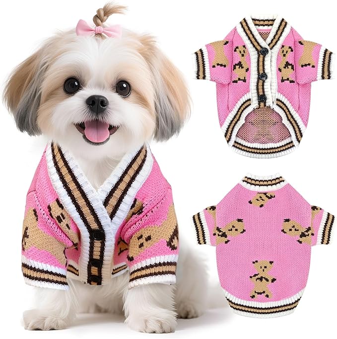 Small Dog Sweaters Cute Bear Knitted Dog Cardigans Clothes for Small Medium Dogs Soft Pet Puppy Cat Knitting Outfits Fall Winter Warm Boy Girl Dogs Knitwear Coat Apparel(Pink, Large)