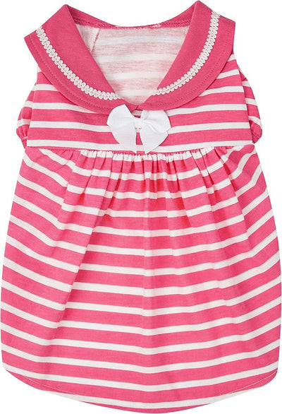 Blueberry Pet Sea Lover Rose Pink Striped Cotton Blend Dog Dress with Bowtie, Back Length 10", Pack of 1 Clothes for Dogs