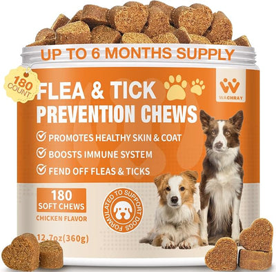 Flea and Tick Prevention for Dogs Chewables - Natural Dog Flea and Tick Treatment Chewable - Oral Flea Supplement for Dogs - Puppy Flea Support - All Breeds & Ages - 180 Soft Chews