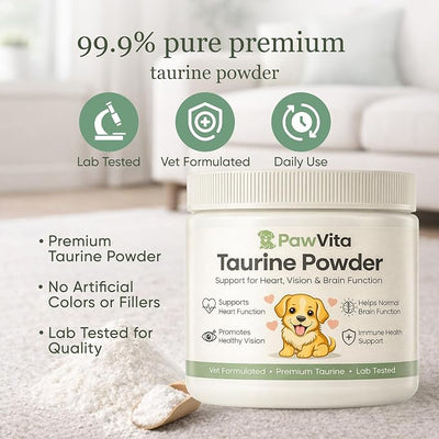 Pawvita Taurine Powder, 99.9% Pure Taurine Powder for Dogs, Supports Heart Health, Vision, Skin & Coat, Boosts Energy & Daily Wellness, Easy to Mix in Food, with Dosing Spoon, 200 Grams/ 7.05 oz