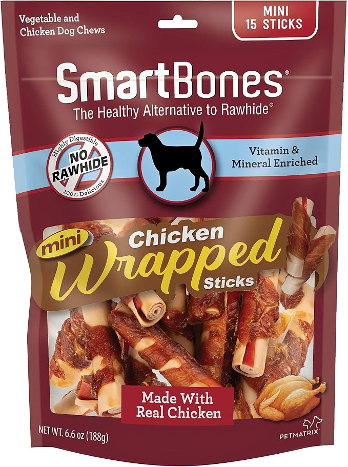 SmartBones Mini Chicken-Wrapped Sticks with Real Chicken and Vegetables, Rawhide-Free Chew for Dogs, 15 Count