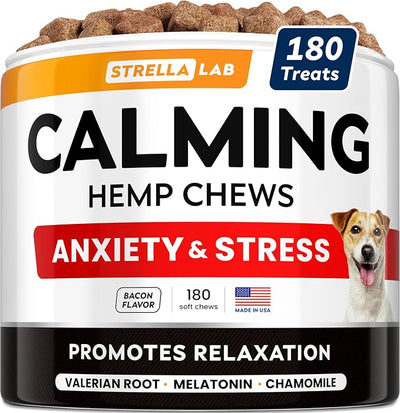 STRELLALAB Hemp Calming Chews for Dogs - Melatonin Dog Treats - Anxiety Relief - Calming Chews - Sleep & Stress Aid for Separation - 180 Treats
