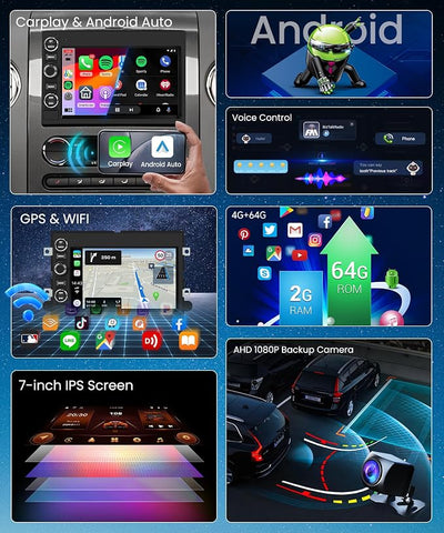 PODOFO 2G 64G Car Stereo for Ford F150 F250 F350 E250 E350 Fusion Edge Explorer Radio with Wireless Carplay Android Auto 7inch IPS Touchscreen Bluetooth DAB+ OBD2 WiFi FM/RDS GPS SWC Backup Camera