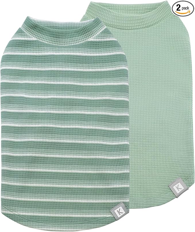 KYEESE 2Pack Waffle Dog Shirts, Lightweight Sleeveless Dog T Shirts for Small Dogs Boy Girl, Breathable Pet Vest Comfortable Tank Top Soft Dogs Clothes for Daily Wear, Green+Striped, M