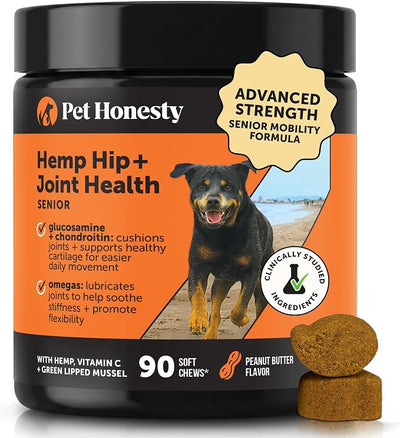 Senior Hemp Hip and Joint Supplement for Dogs - Glucosamine Chondroitin, MSM & Green Lipped Mussel - Relief for Joint Stiffness, Advanced Strength Mobility Support Senior Dogs (Peanut Butter, 90 Ct)