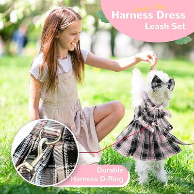 PETCARE Cute Dog Dress Clothes for Small Dogs Cats Girl Female Pink Plaid Bow Tie Dog Harness Dresses Leash Set with Pearls Bow Accessories Birthday Puppy Dress Shih Tzu Yorkies Chihuahua Outfits