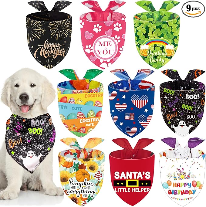Weewooday 9 Pcs Holiday Dog Bandanas Halloween Boo Bandanas Fall Thanksgiving Seasonal Birthday Adjustable Large Pet Washable Scarves Bibs for Christmas Boy Medium Supply