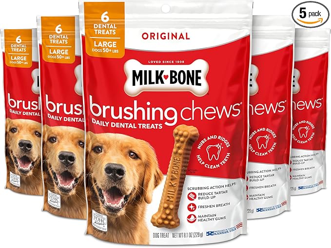 Milk-Bone Brushing Chews Original Chicken Flavor Daily Dental Dog Treats, Large, 8.1 Oz. Bag (Pack of 5)