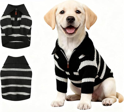 Small Dog Sweater with Zipper, Knitted Striped Pullover Dog Clothes for Cold Weather, Thick Warm Cozy Stretchy Sweater for Chihuahua, Bulldog, Dachshund, Pug(Black & White Strip, XL)