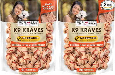 Pur Luv K9 Kraves Rawhide Free Bone Dog Treats, Chicken Flavor, Made with Real Chicken and Limited Ingredients, Healthy, Easily Digestible, Long Lasting, and High Protein Dog Treat, 20 Count