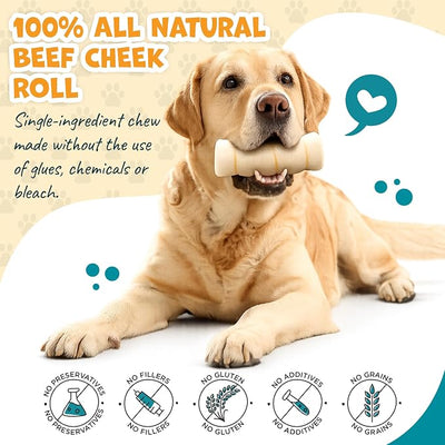 Pack Approved Beef Cheek Rolls for Dogs - Natural & Odor-Free Dog Treats - 5 to 6 Inch Medium Beef Hide Dog Chews - 4 Pack