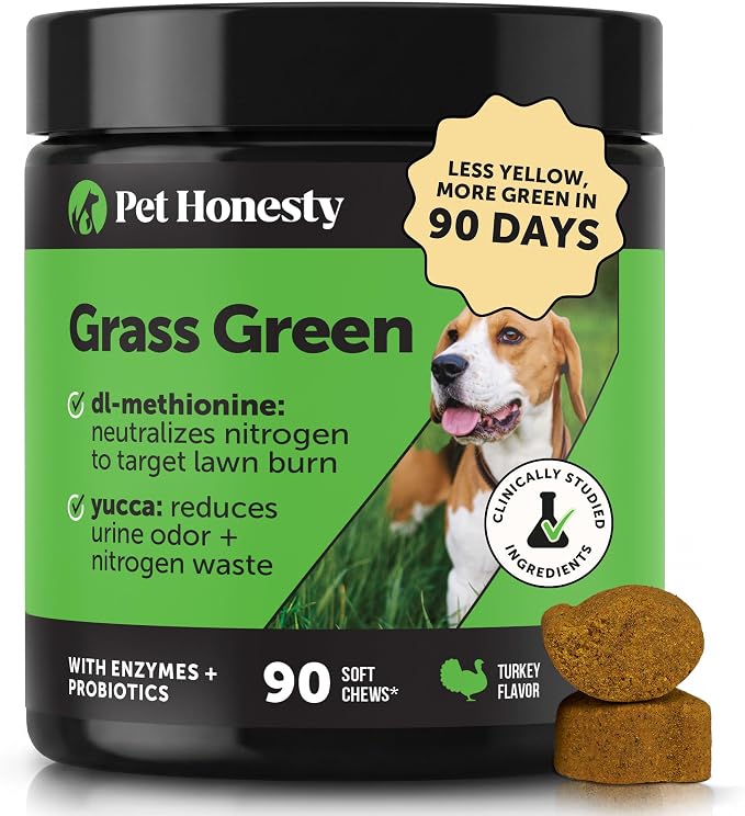 Grass Green Dog Urine Neutralizer for Lawns - Stops Yellow Burn Spots & Brown Grass - Lawn Saver Supplement with dl-Methionine, Probiotics & Digestive Enzymes - Green Grass Chews (Turkey, 90 Ct)