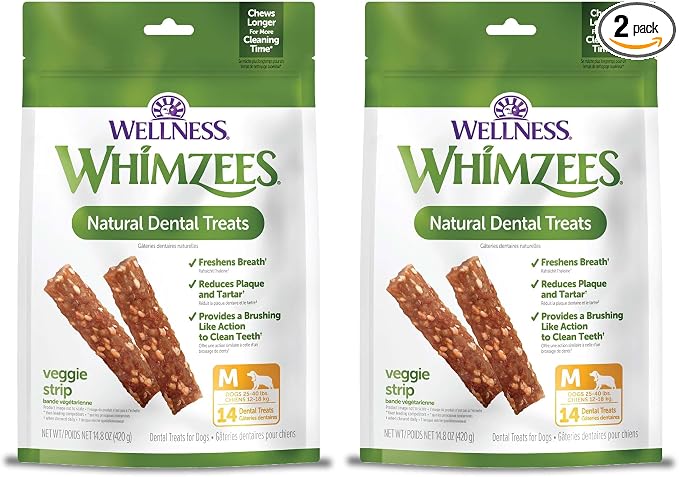Whimzees Wellness Veggie Strip Natural Dog Dental Treat, Chews, Freshens Breath, Medium Size, 14.81 oz Bag, 14 Count (Pack of 2)