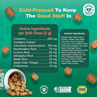 Doggie Dailies Cranberry Supplement for Dogs - Urinary Tract, Bladder & Kidney Support - Cranberry with Marshmallow Root, Licorice Root & Apple Cider Vinegar (Chicken) 225 Soft Chews