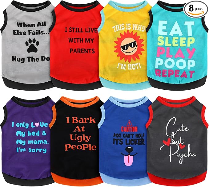 Saintrygo 8 Pieces Dog Shirts Pet Printed Clothes with Funny Letters Summer Pet T Shirts Cool Puppy Breathable Dog Outfit Soft Sweatshirt Cats(Delicate Pattern,Small)