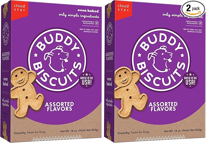 Buddy Biscuits 16 oz. Box of Crunchy Dog Treats Made with Assorted Flavors of Roasted Chicken, Grilled Beef, and Sharp Cheddar (Pack of 2)