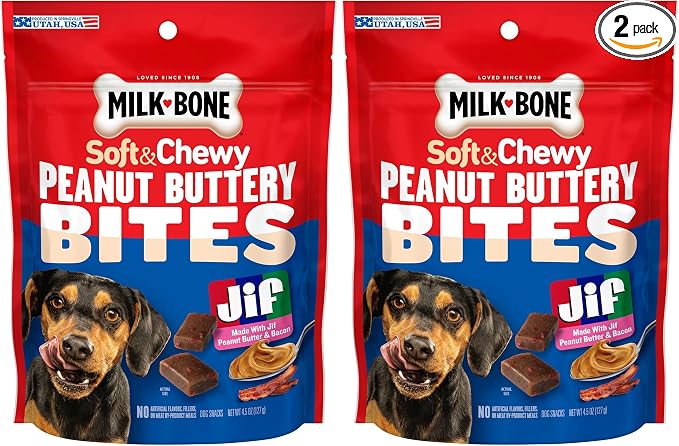 Milk-Bone Peanut Buttery Bites, Soft Dog Treats with Jif Peanut Butter & Real Bacon, 4.5 Oz. Bags (Pack of 2)