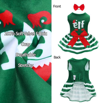 CuteBone Elf Dog Dresses Velvet Holiday Small Dogs Clothes Onesie Pet Apparel Girl Puppy Skirt with Bow Hair Rope