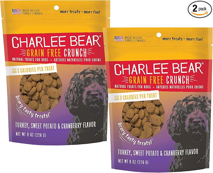 Charlee Bear Crunchy Dog Training Treats, Low Calorie (3 Kcal), Grain Free Natural Mini Treats for Puppies, Small, Medium & Large Dogs, USA Made, Turkey, Sweet Potato & Cranberry Flavor 8oz (2-Pack)