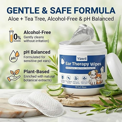 Dog Ear Wipes - 150 Count Finger Ear Cleaner for Cats, Alcohol Free Plant Based Ear Cleaning, Remove Wax Dirt Odor
