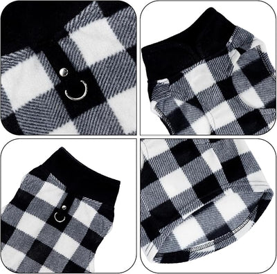 Rbenxia 1 PC Plaid Dog Sweaters with Leash Ring Soft Fleece Vest Dogs Pullover Warm Jacket Pet Dogs Clothes Winter Dog Outfits for Small Puppy Cat Pets (Black and White, Medium)