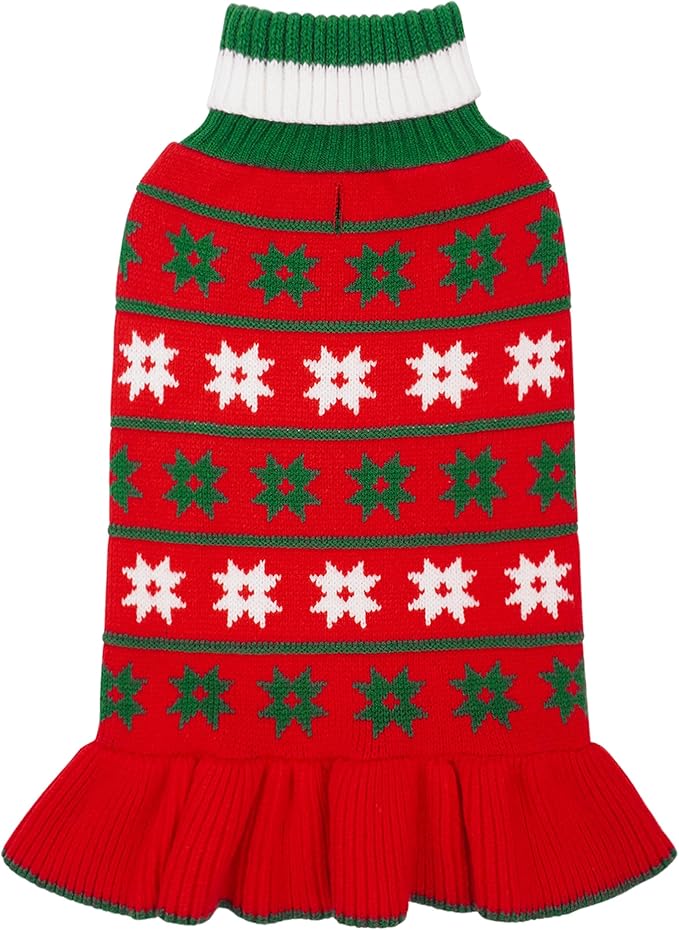 KYEESE Dog Christmas Sweater Turtleneck Dog Sweater for Medium Dogs Warm Dogs Clothes Pet Coats with Leash Hole Knit Pullover Pet Sweater Dress with Snow Flake, Girl Red, XX-Large