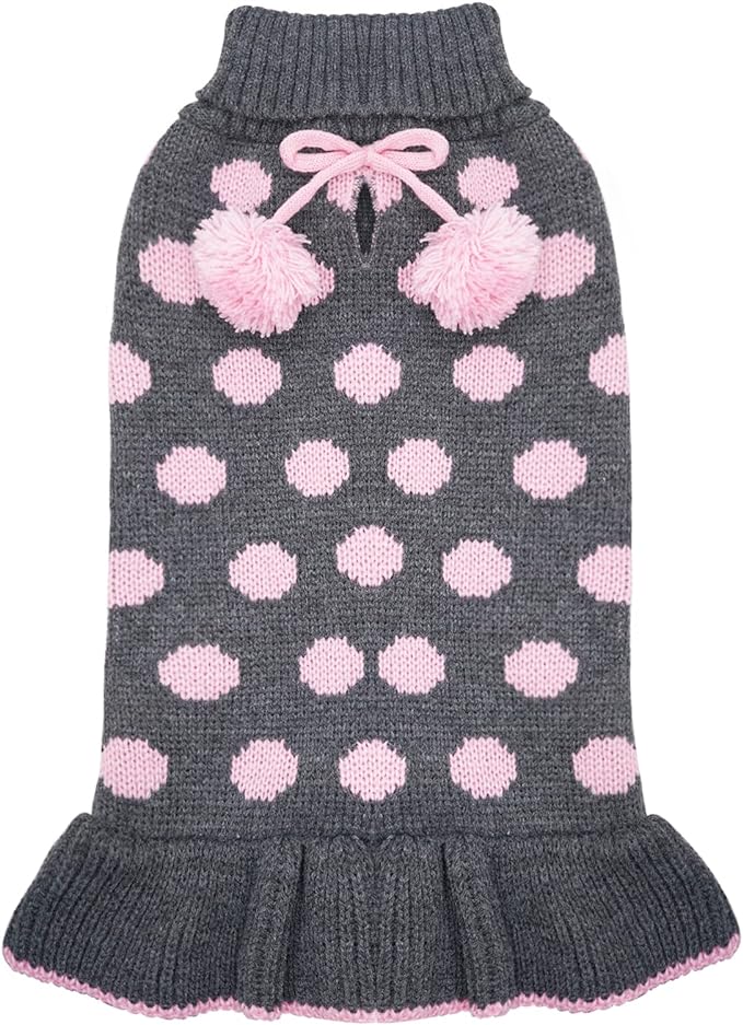 KYEESE Dog Sweaters with Leash Hole for Small Dogs Turtleneck Dog Sweater Dress for Girl Polka Dot Knit Pullover Doggie Sweater Warm Pet Sweater