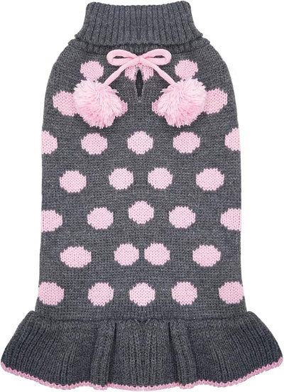 KYEESE Dog Sweater Dress Polka Dot Turtleneck Dogs Sweaters for Girl with Leash Hole Knit Pullover with Pom Pom Ball