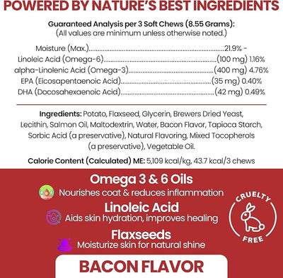 Omega for Dogs - 180 Delicious Soft Chews - Salmon Oil Treats for Skin and Coat, Itch Relief - Fish Oil Blend of Essential Fatty Acids, Omega 3, 6, and 9, and Vitamins - Smoked Bacon Flavor