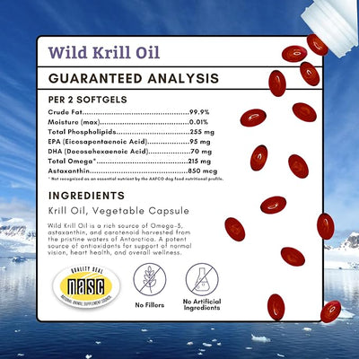 Wholistic Pet Organics Krill Oil for Dogs and Cats - Premium Antioxidant Support for Pets - Cat and Dog Skin and Coat Supplement with EPA, DHA, Astaxanthin - Omega 3 for Dogs and Cats - 200 Soft Gels