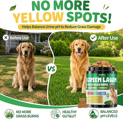 Dog Urine Neutralizer for Lawn - Green Grass Chews for Dogs, 200 Chew Female Pee Grass Burn Spot by Dog Urine, Gut Health Probiotics & Enzymes, Helps Yard Stay Green, with Cranberry for Urinary Tract
