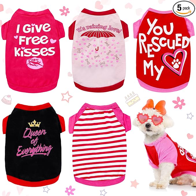 Weewooday 5 Pieces Dog Shirt Bulk Dog Pink Hearts Clothes Heart Pet Shirts for Small Dogs Girl Dogs Puppy Clothes for Chihuahua Yorkie Bulldog Schnauzer Breathable Shirt Vest (Small)
