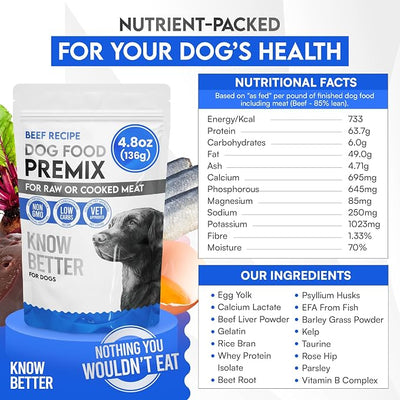 Know Better Beef Recipe Homemade Dog Food Premix - Complete Raw or Homemade Dog Meal Mix for Small Dogs - Puppies & Adults - Easy-to-Prepare Balanced Nutrition - Pet Supplies - 4.8 Oz
