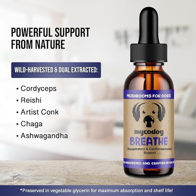 MycoDog Breathe - Respiratory Support Supplement for Dogs - Breathing Comfort & Airway Health - French Bulldogs, Pugs, & Flat-Faced Breeds - Natural Mushroom and Ashwagandha Drops