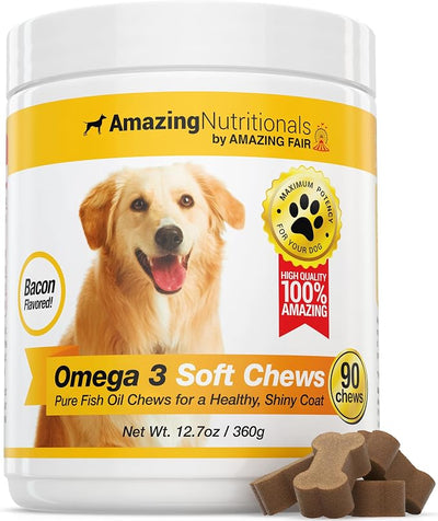 Amazing Omega 3 for Dogs - Fish Oil for Dogs Supplement 90 Bacon Soft Chews - Itchy Skin, Dry Skin, Shedding & Coat Support - Omega Fatty Acids EPA DHA - Made in USA