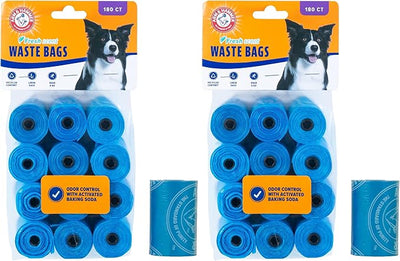 Arm & Hammer Durable Disposable Dog And Cat Waste Bags With Activated Baking Soda, 180 Dog Poop Bags, 9 x 14 Inches, Blue (Pack of 2)