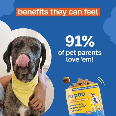 Happy Paws No Poo Chews for Dogs, Poop Eating Coprophagia Deterrent, Probiotics for Dogs with Pumpkin & Enzyme Blend for Digestive Health, Organic, Vegan, Non GMO, Beef Flavor, 200 Count