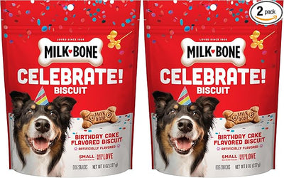 Milk-Bone Celebrate Birthday Cake Artificially Flavored Biscuits, Small Dog Treats, 8 oz. Bag (Pack of 2)