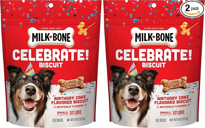 Milk-Bone Celebrate Birthday Cake Artificially Flavored Biscuits, Small Dog Treats, 8 oz. Bag (Pack of 2)