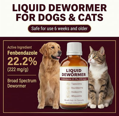 Liquid Dewormer for Cats and Dogs - Fenbendazole 22.2% - Targets Tapeworms, Roundworms, Hookworms & Whipworms - Broad Spectrum for Cat & Dog - 3.4 fl oz (100 mL) with Syringe