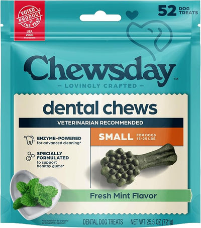 Chewsday Fresh Mint Flavor Dental Chews, Small Dog Treats, Healthier Teeth and Fresher Breath, Enzyme Powered for Advanced Cleaning, Made in the USA, 52 Count
