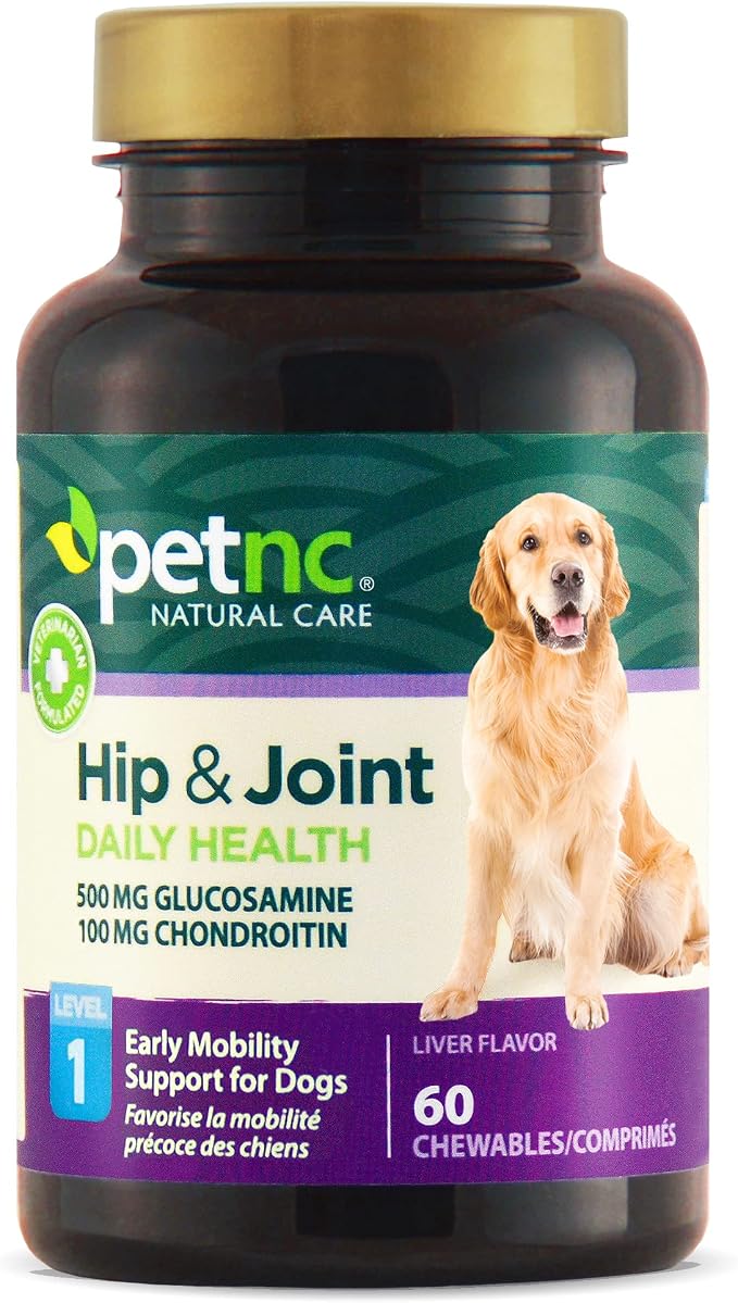 PetNC Level-1 Hip & Joint Health Supplement for Younger Dogs, 60 Chewable Tablets, 500mg Glucosamine, 100mg Chondroitin, 10mg MSM & 1mg Hyaluronic Acid, Vitamin C & Manganese, Liver Flavor