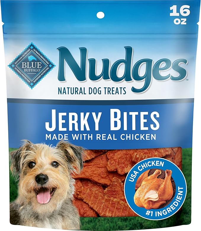Blue Buffalo Nudges Chicken Jerky Bites Natural Dog Treats, Tender & Meaty Dog Snacks, Healthy Reward or Training Treat, Made in the USA with Real Chicken, No Artificial Preservatives, 16 oz.